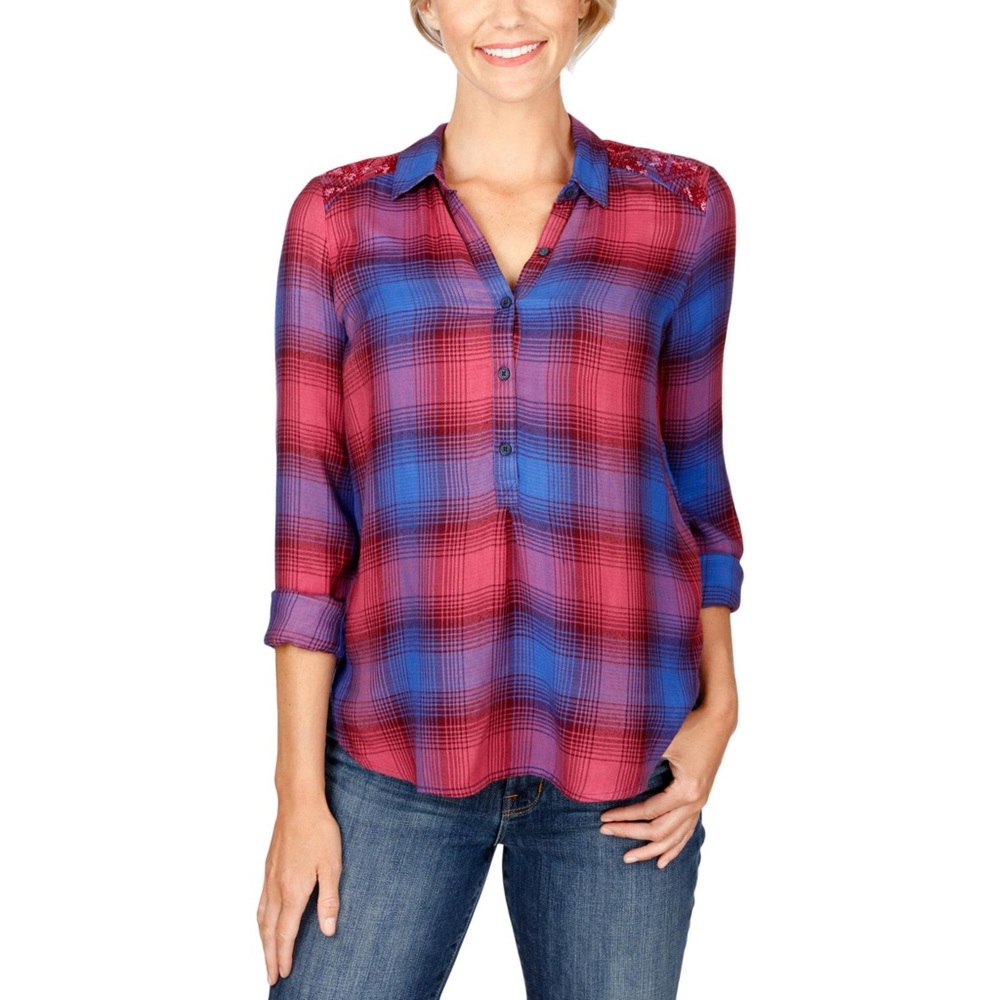 LUCKY BRAND embroidered button down flannel western checkered shirt